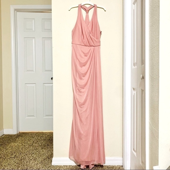 DAVID’S BRIDAL Extra Length Mesh T-strap Back Halter maxi blush dress women’s 6 - Picture 2 of 11